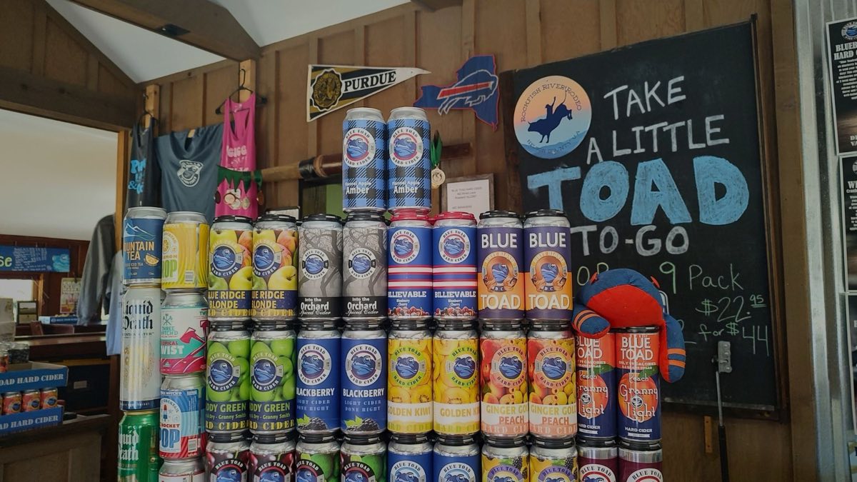The Blue Toad can lineup — Blue Ridge Blonde, Flannel Amber, Paddy Green and the seasonals lined up on a taproom table