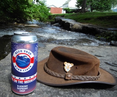 A can of Blue Toad cider and a hat resting on the rocks beside the creek